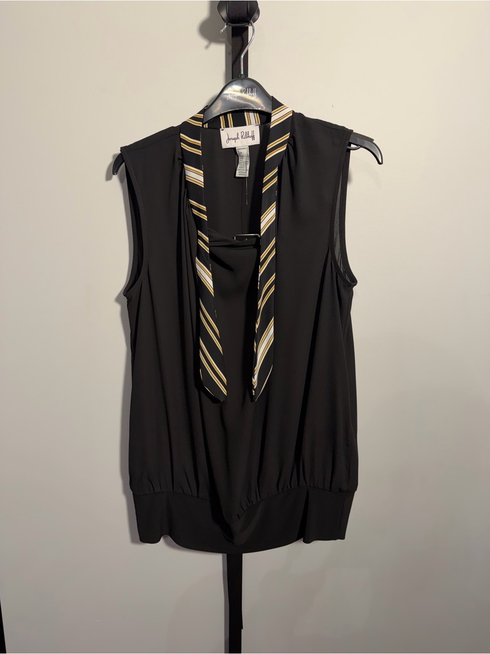 NWT size 10 Joseph Ribkoff Black Sleeveless Tie-Neck with Yellow/White Stripes